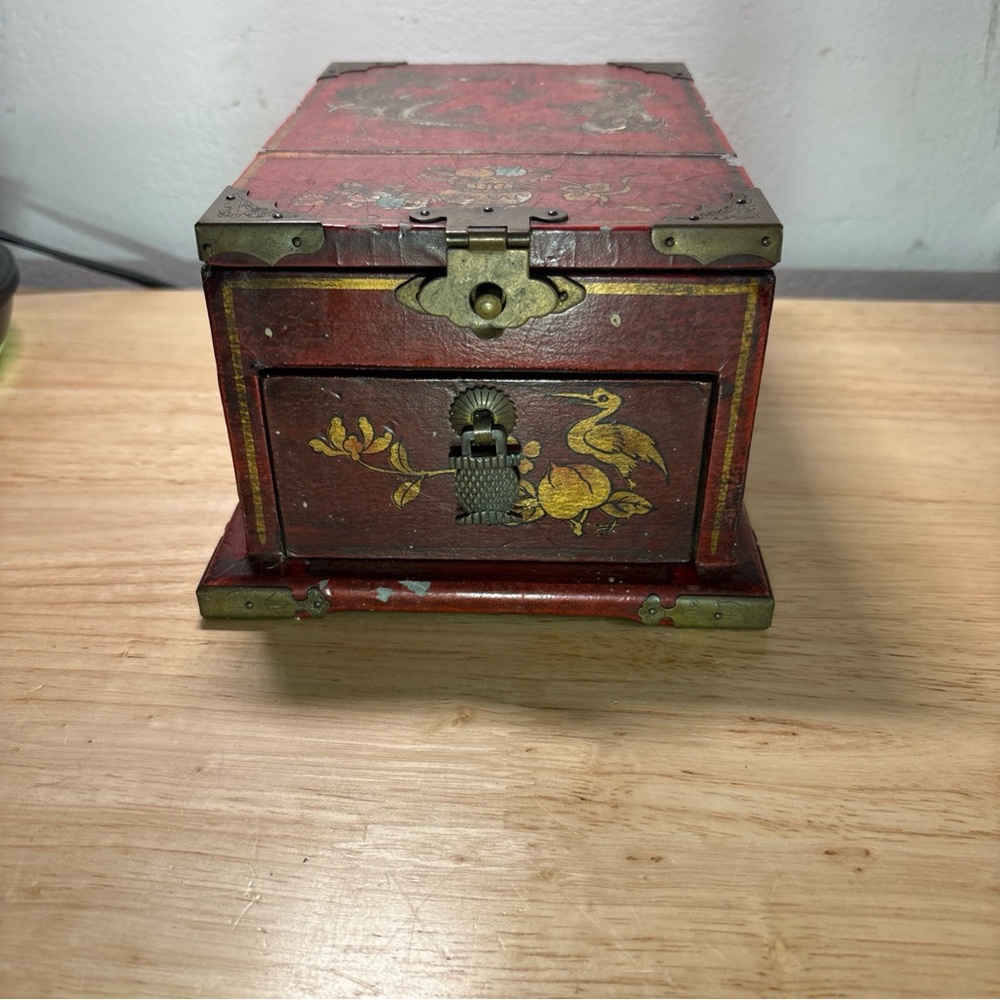 Antique Chinese Hand Painted Rosewood Jewelry Trinket Box Chest w Flip Up Mirror